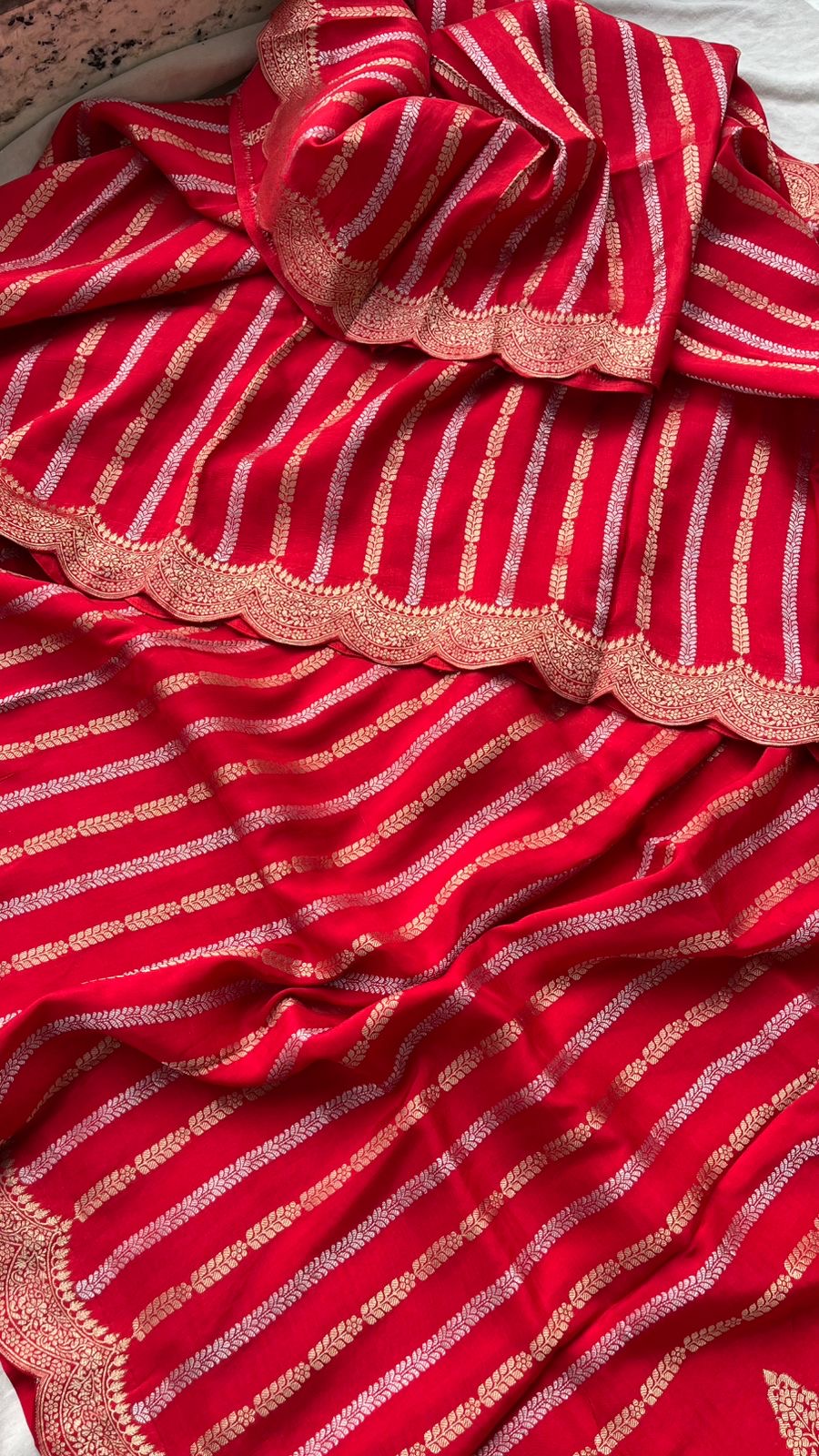 Pure banarasi munga silk saree with zari stripes and scalloped border