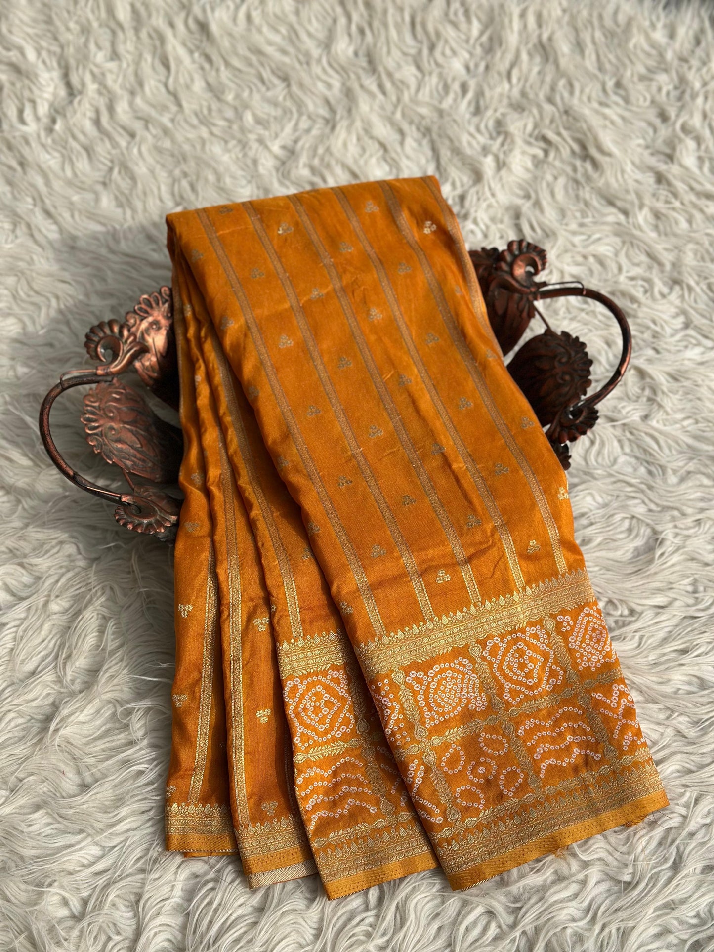 Banarasi semi Katan georgette saree with bandhini prints