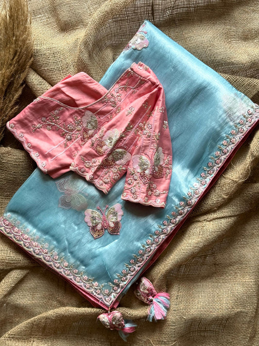 Premium organza silk with butterfly embroidery