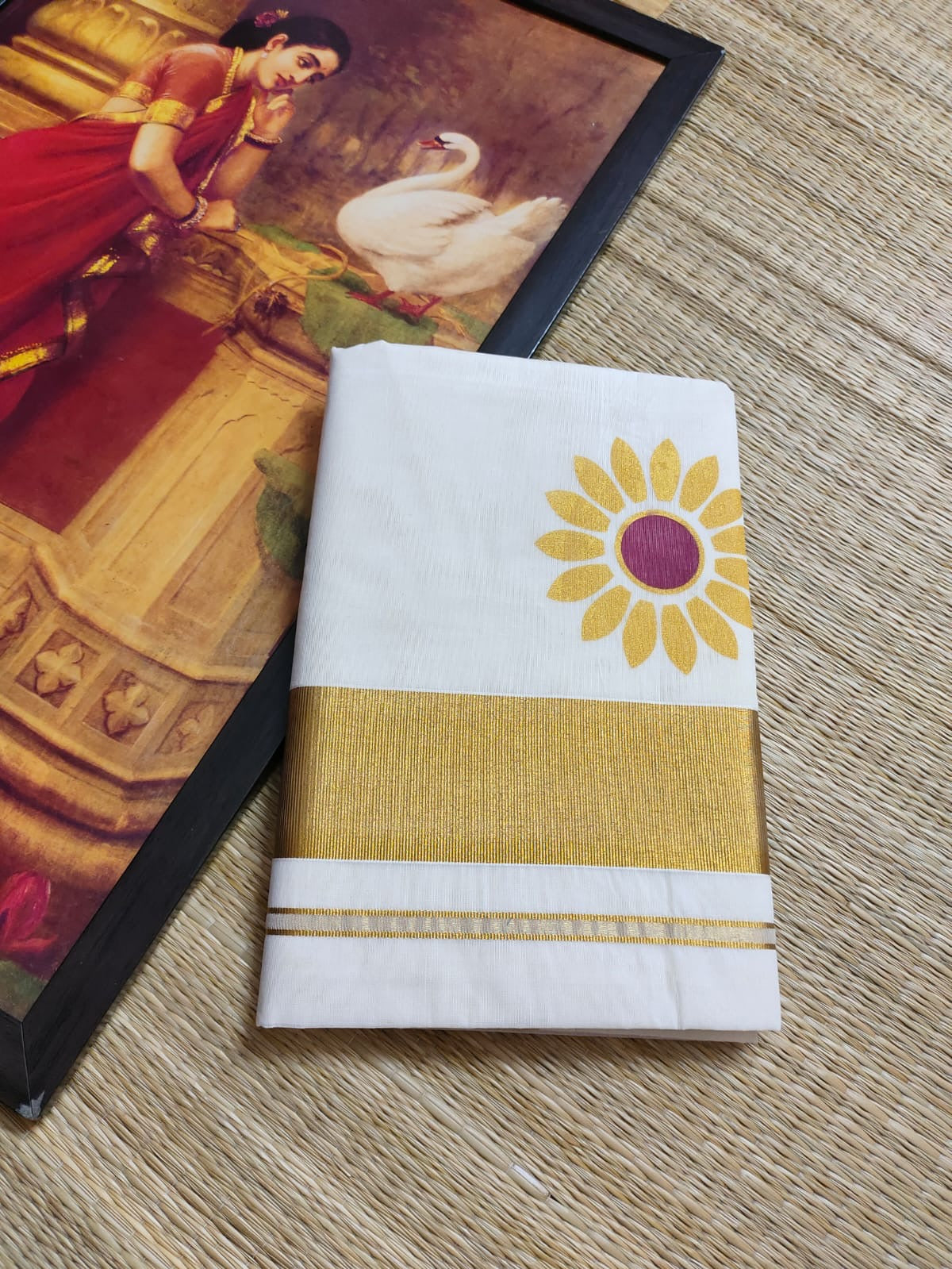 Premium printed kerala cotton saree - yellow flower