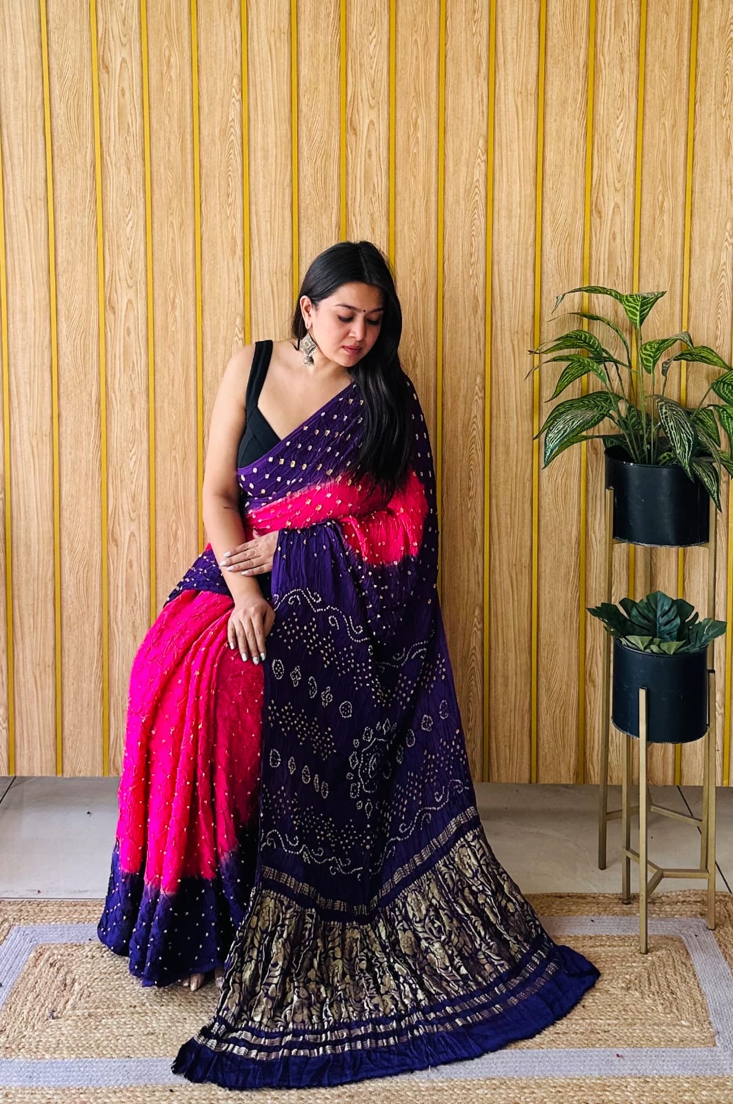 Soft modal silk with nakshi pallu and tye and dye bandhini prints