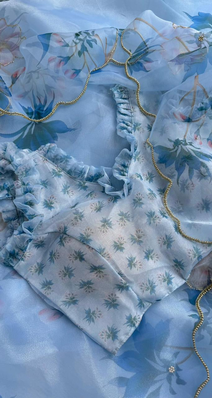 Beautiful semi organza saree with floral digital prints with cutdana beads work