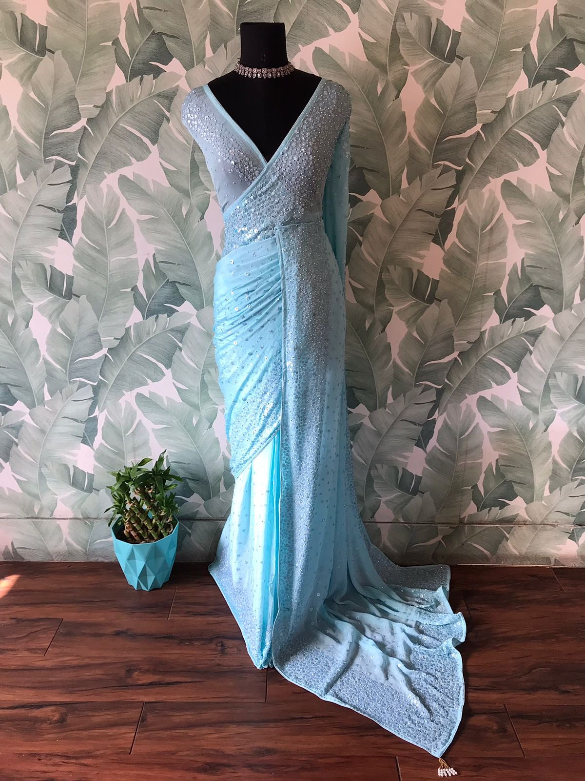 Pure Chinnon Silk saree with pearl sequins handwork