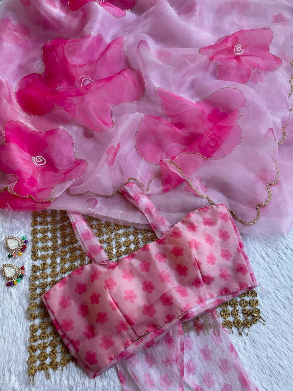 Beautiful semi organza saree with floral digital prints with cutdana beads work