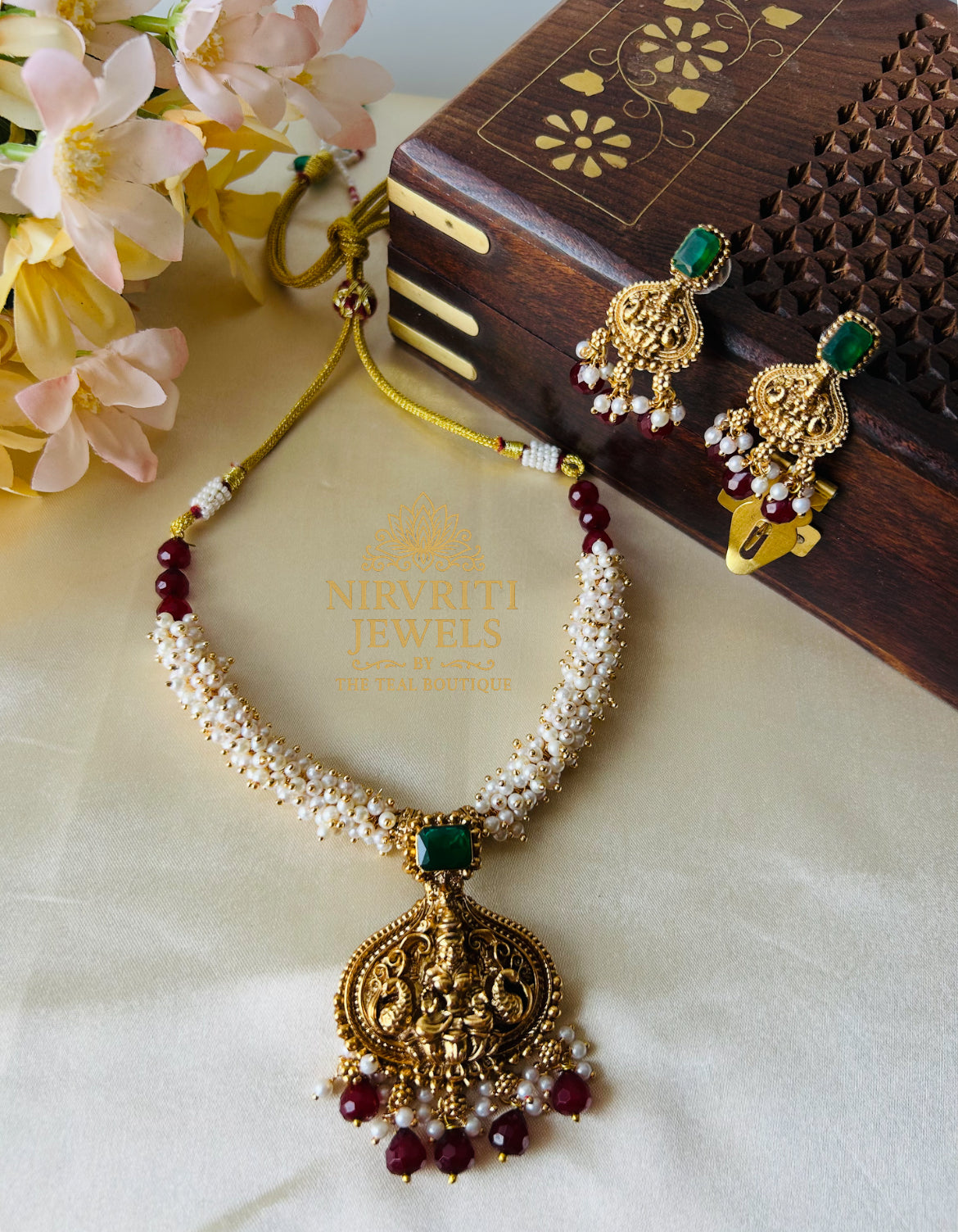 Clustered pearl Lakshmi necklace- Red beads