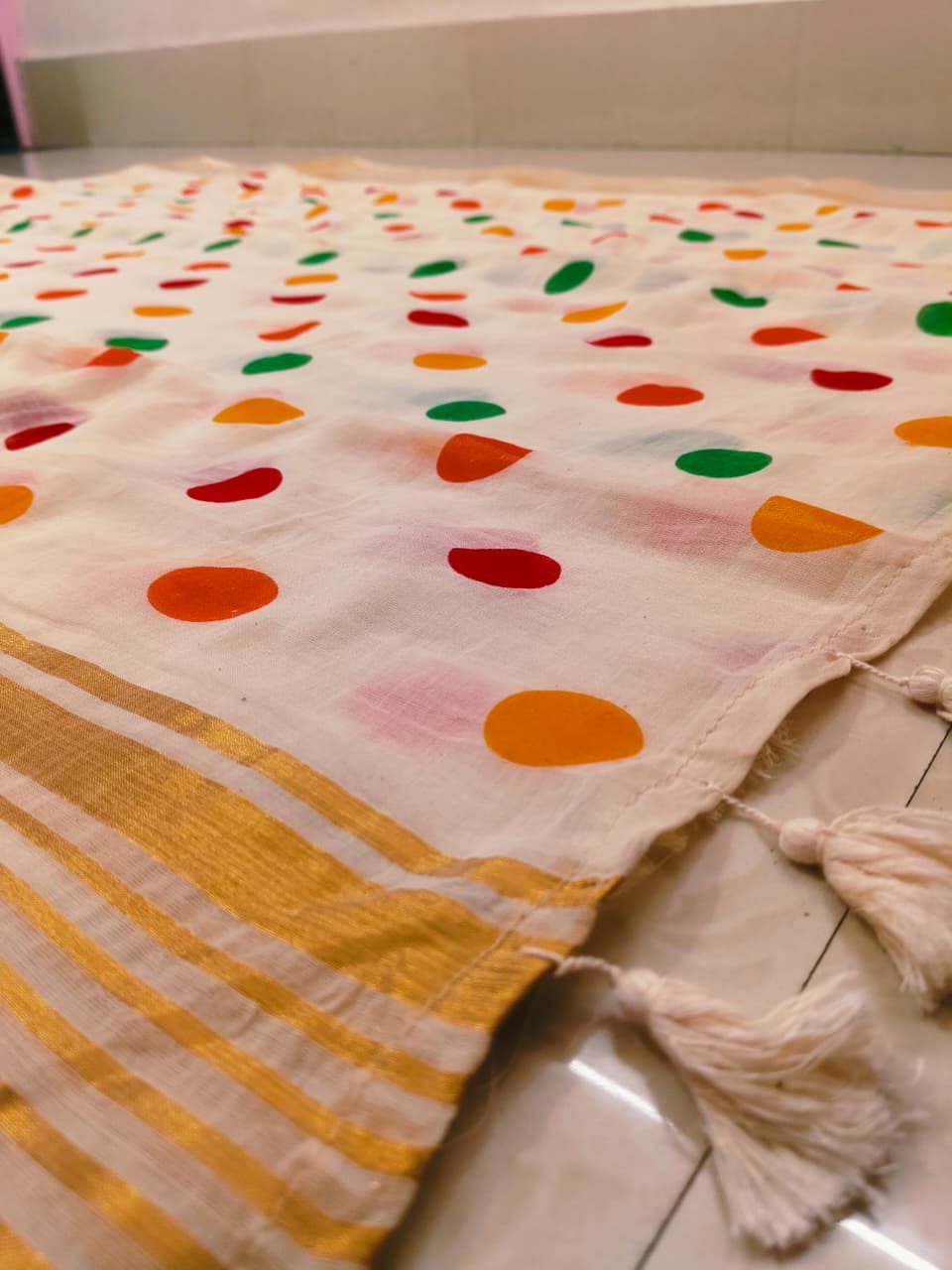 (Prebooking) Pure authentic mul cotton saree with zari stripes border and multi color polka body - without blouse