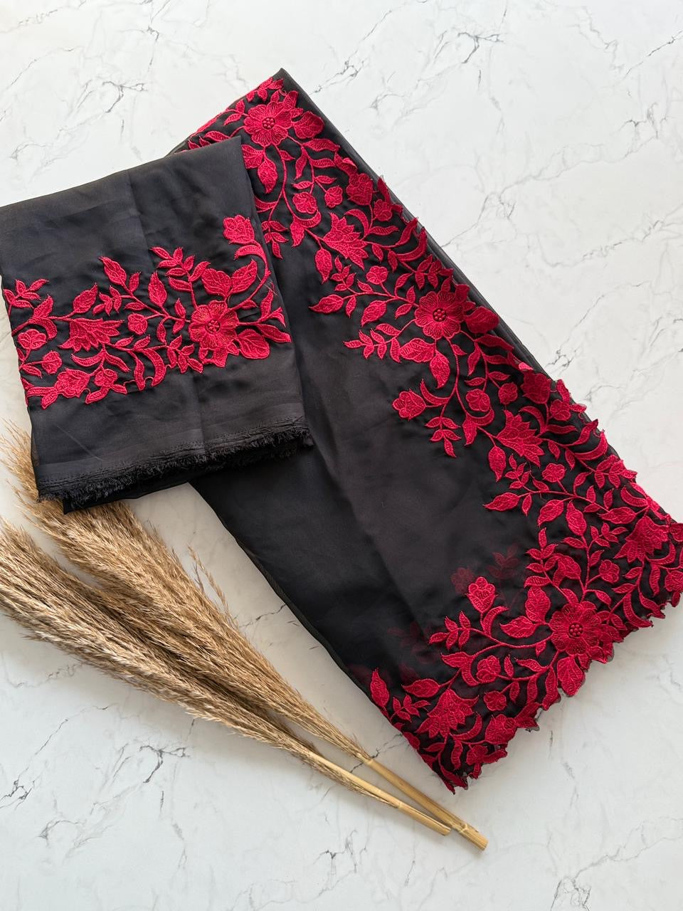 Soft tabby organza saree with red thread embroidered scallop border