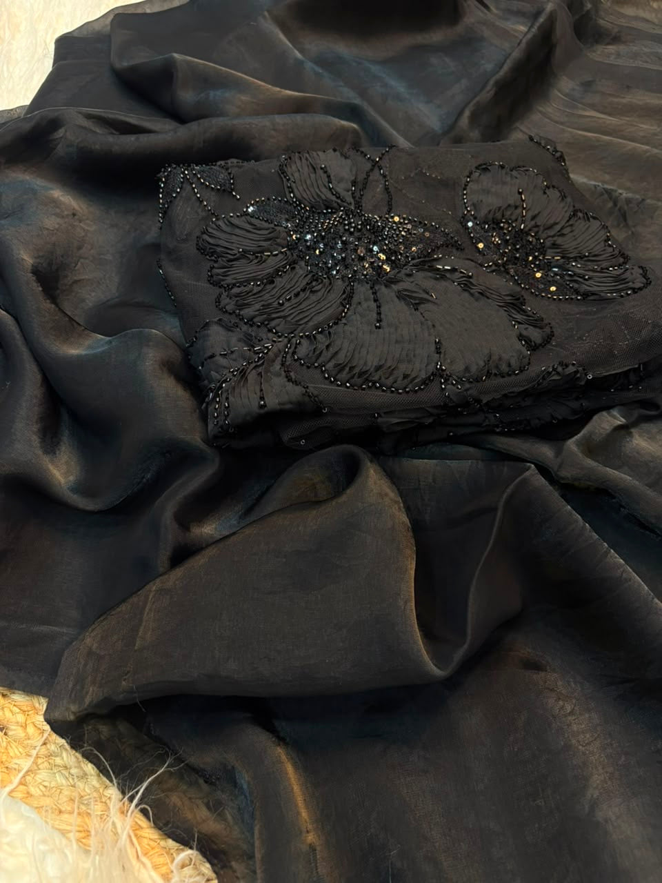 Beautiful plain metallic shimmer saree with designer blouse piece with intricate work