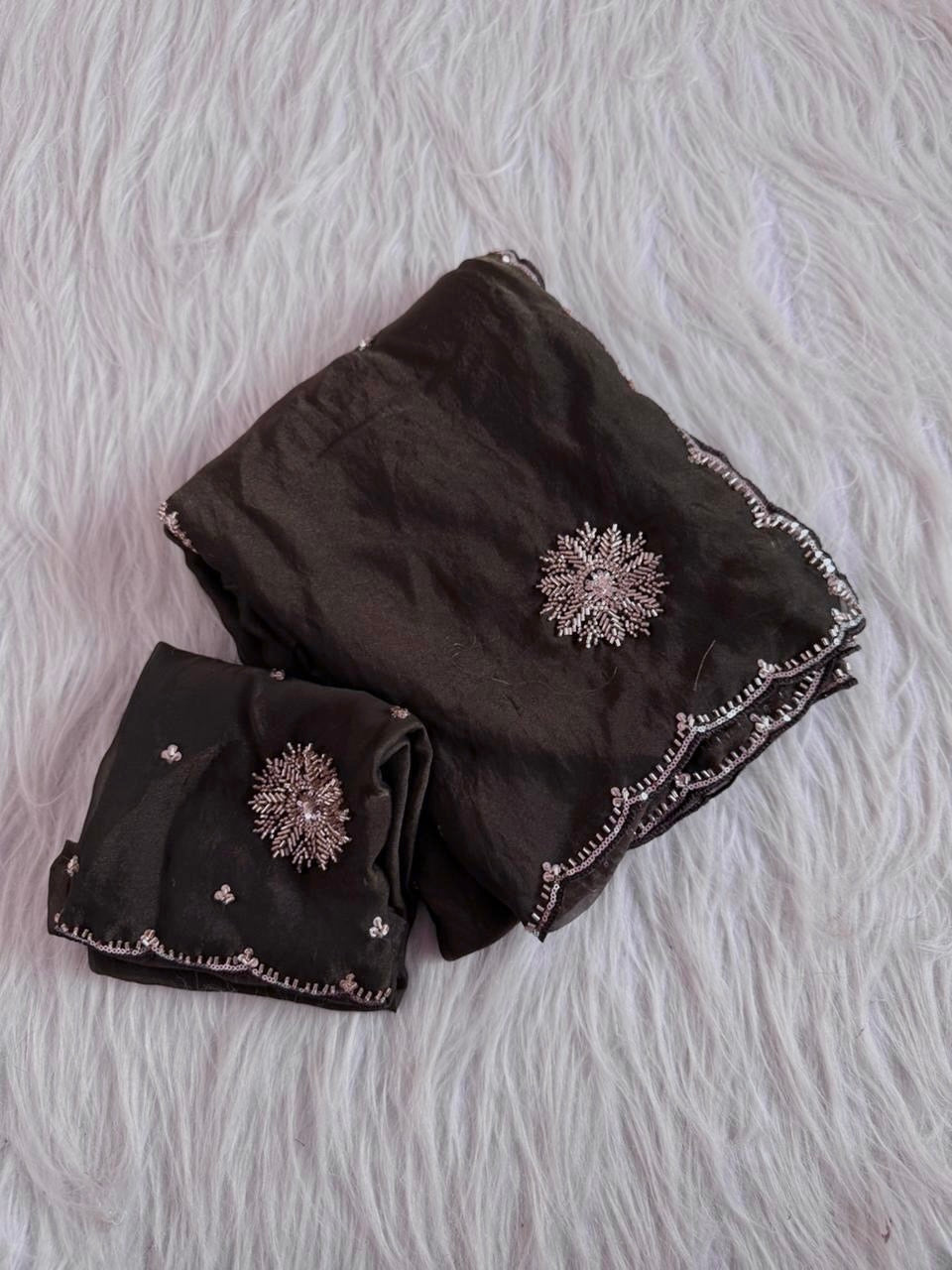 Gorgeous moss nylon mix handwork saree with intricate beads and sequins buttas and border