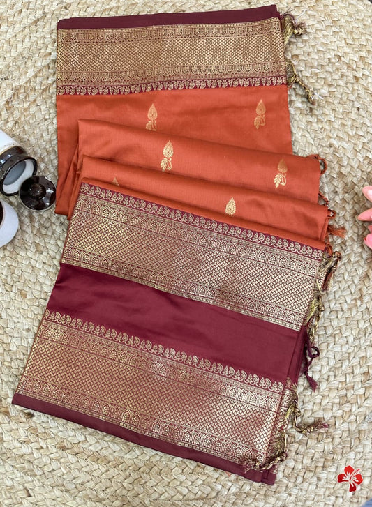 Gorgeous vintage semi kanchi silk saree in rust orange with maroon border