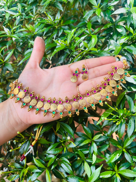 Vintage coin choker with stone detailing on double side