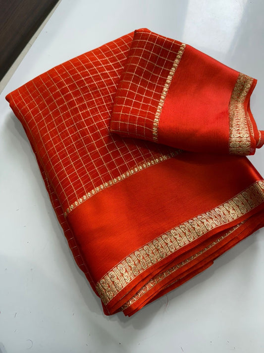 Beautiful viscous georgette saree with checks body and running blouse