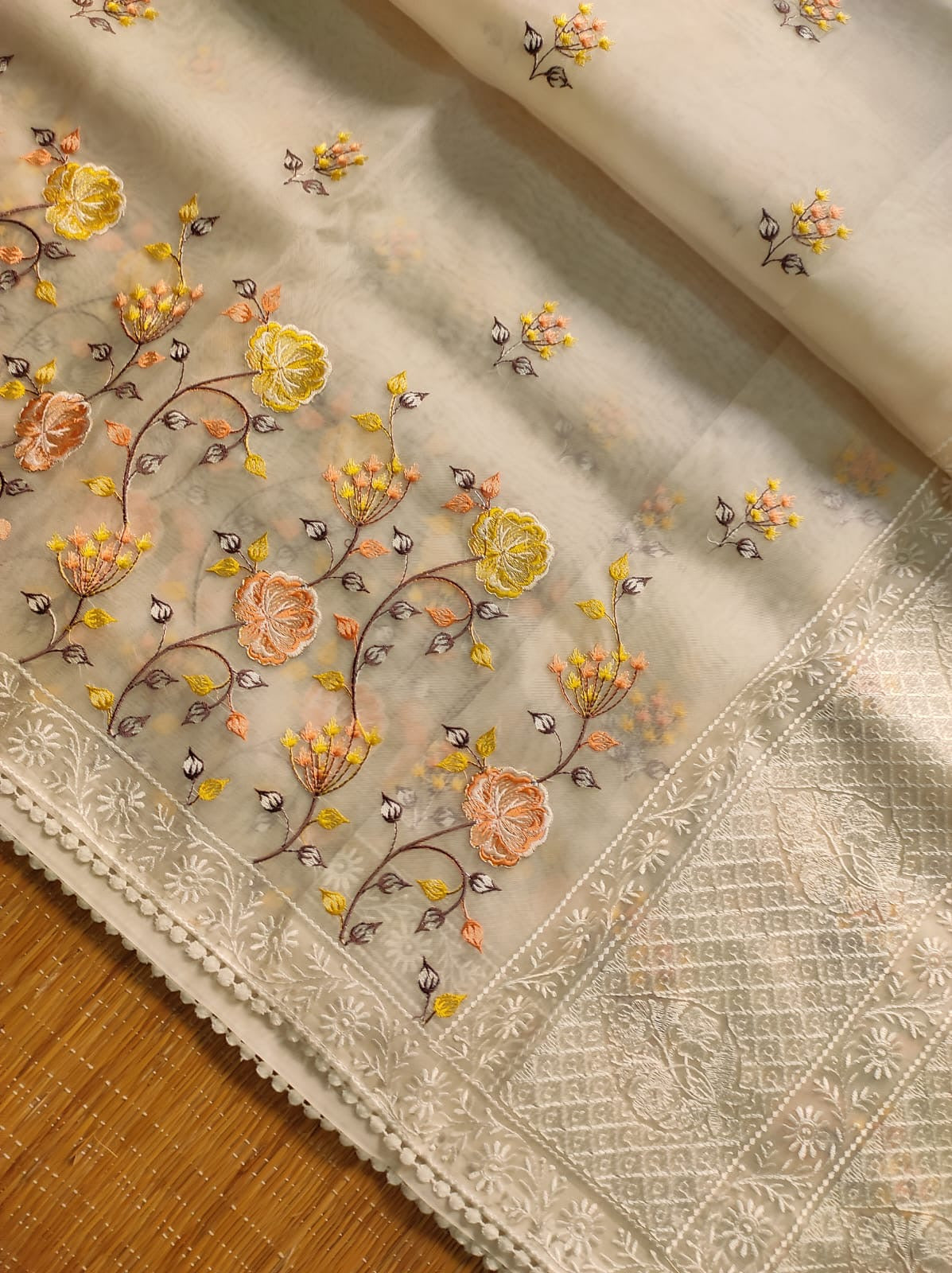 Pure organza silk saree with minakari embroidery