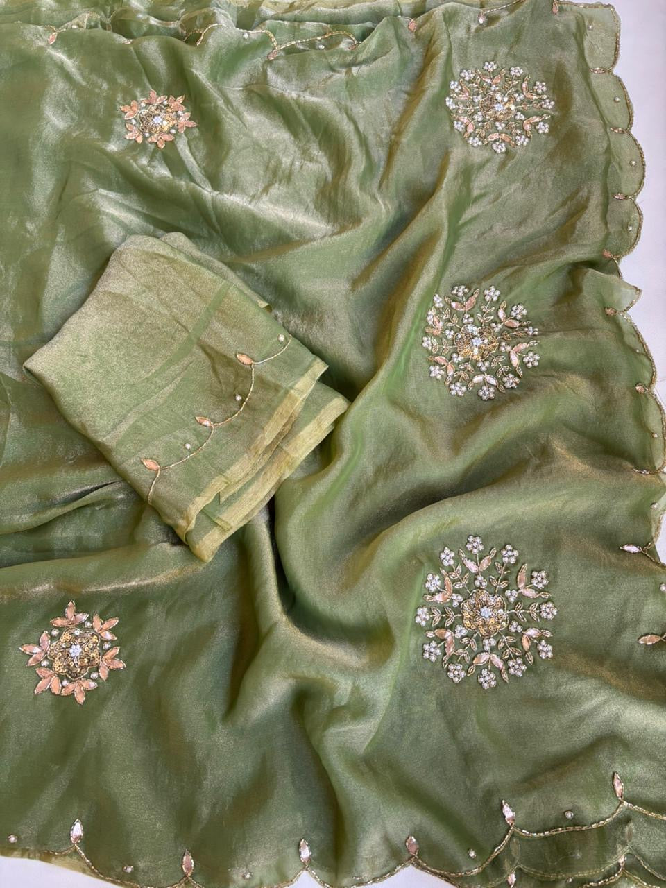 Beautiful soft two tone tissue silk saree with gotta, pearl and sequins work