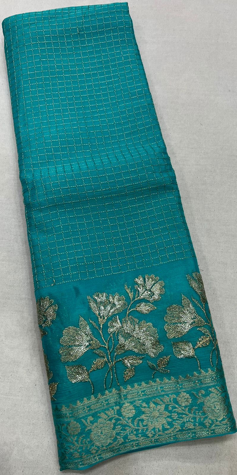 Gorgeous premium viscous chinon silk saree with zari checks and embroidered border