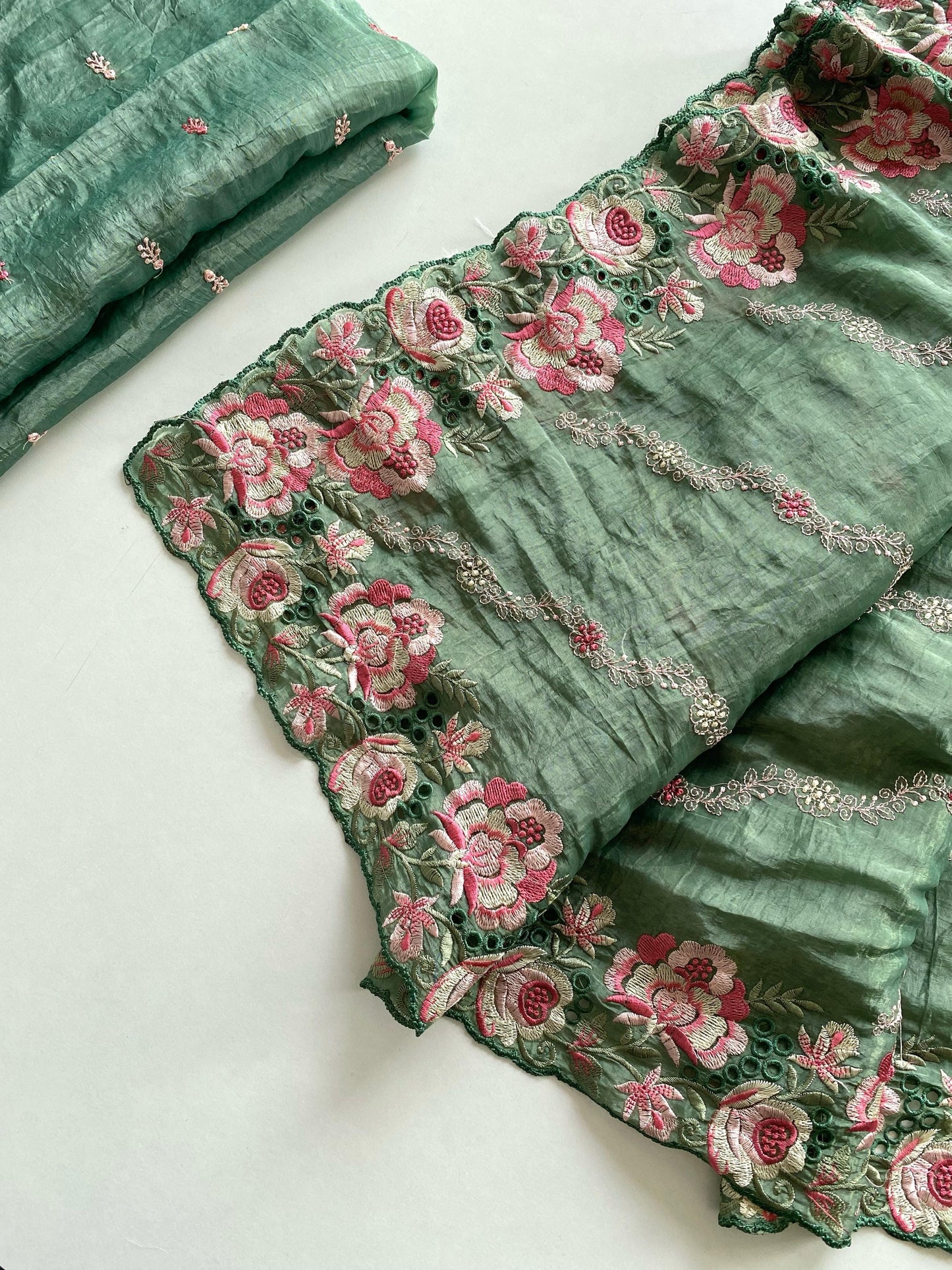 Crushed silk with embroidery and cut work