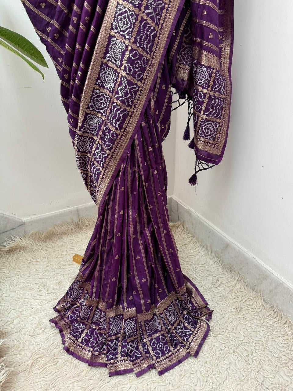 Banarasi semi Katan georgette saree with bandhini prints