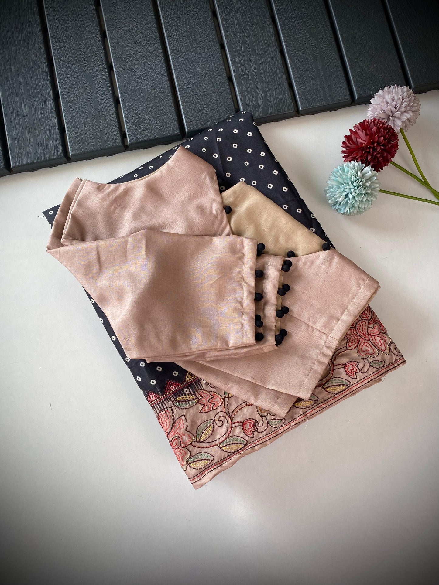 Soft semi Tussar silk saree with kantha work