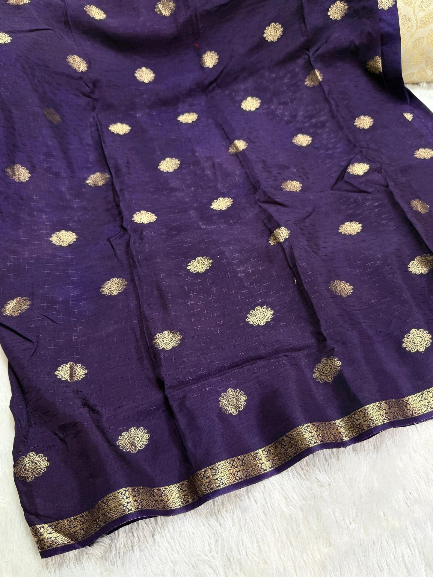 Beautiful viscous russian silk saree with self design and small zari border - mandala design