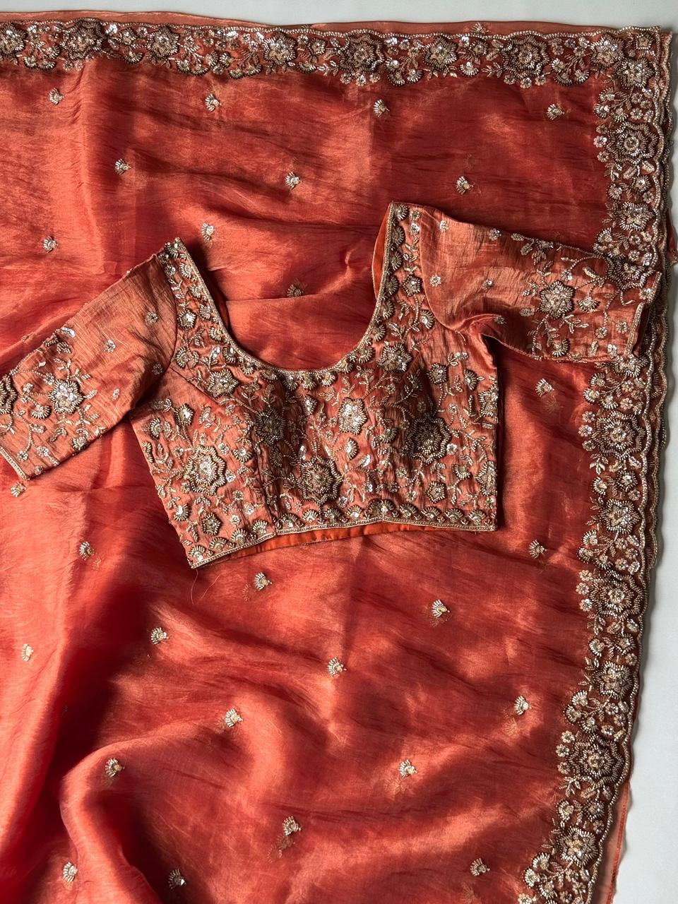 Beautiful soft organza crepe silk saree with handwork (Prebooking)