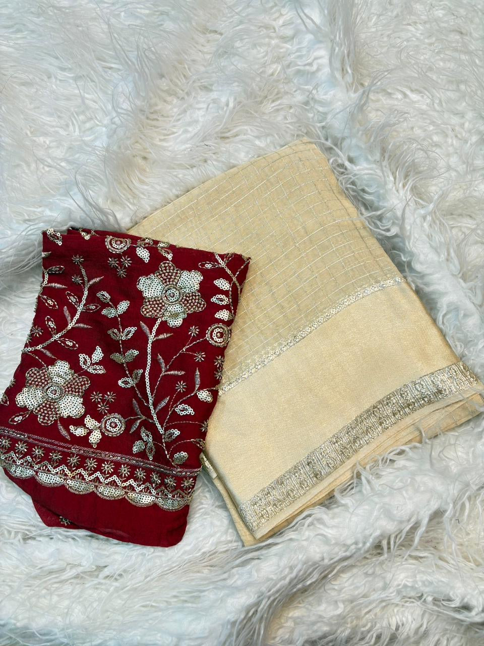 Budget friendly onam collections - beautiful viscous georgette checks saree with satin border and maroon designer blouse piece