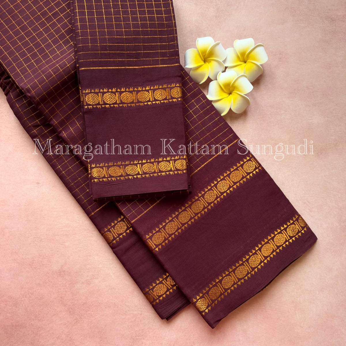 Premium pure sungudi cotton saree with checks and double rudraksham border