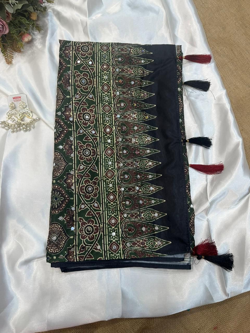 Beautiful semi crepe silk saree with ajrakh prints and mirror work