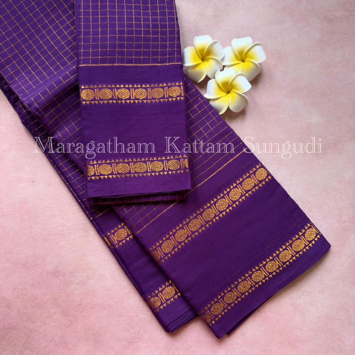 Premium pure sungudi cotton saree with checks and double rudraksham border