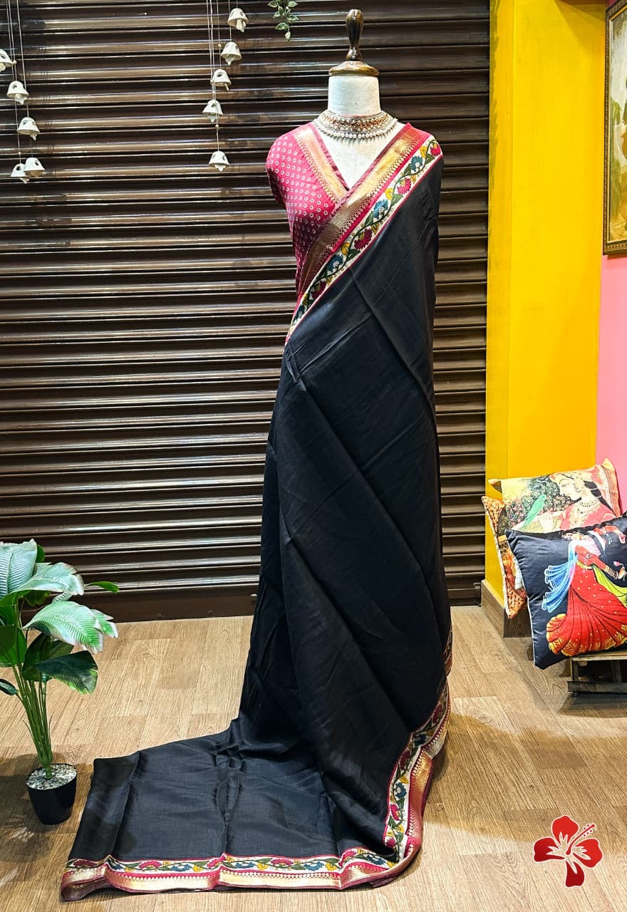 Soft viscous cotton saree with kalamkari printed border and pallu - black