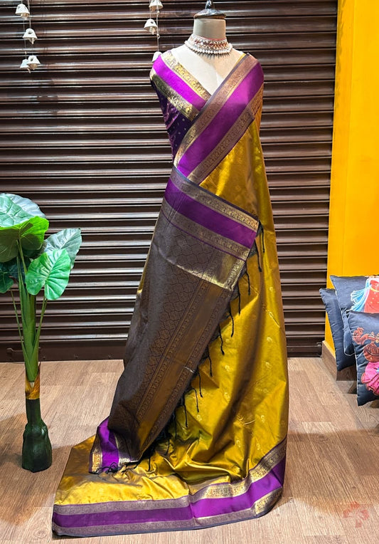 Beautiful semi kanjivaram soft silk saree - mustard purple (Copy)