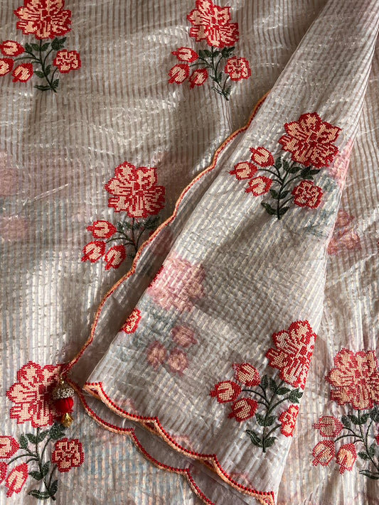 Premium kora organza saree with cross stitched embroidery and stripes