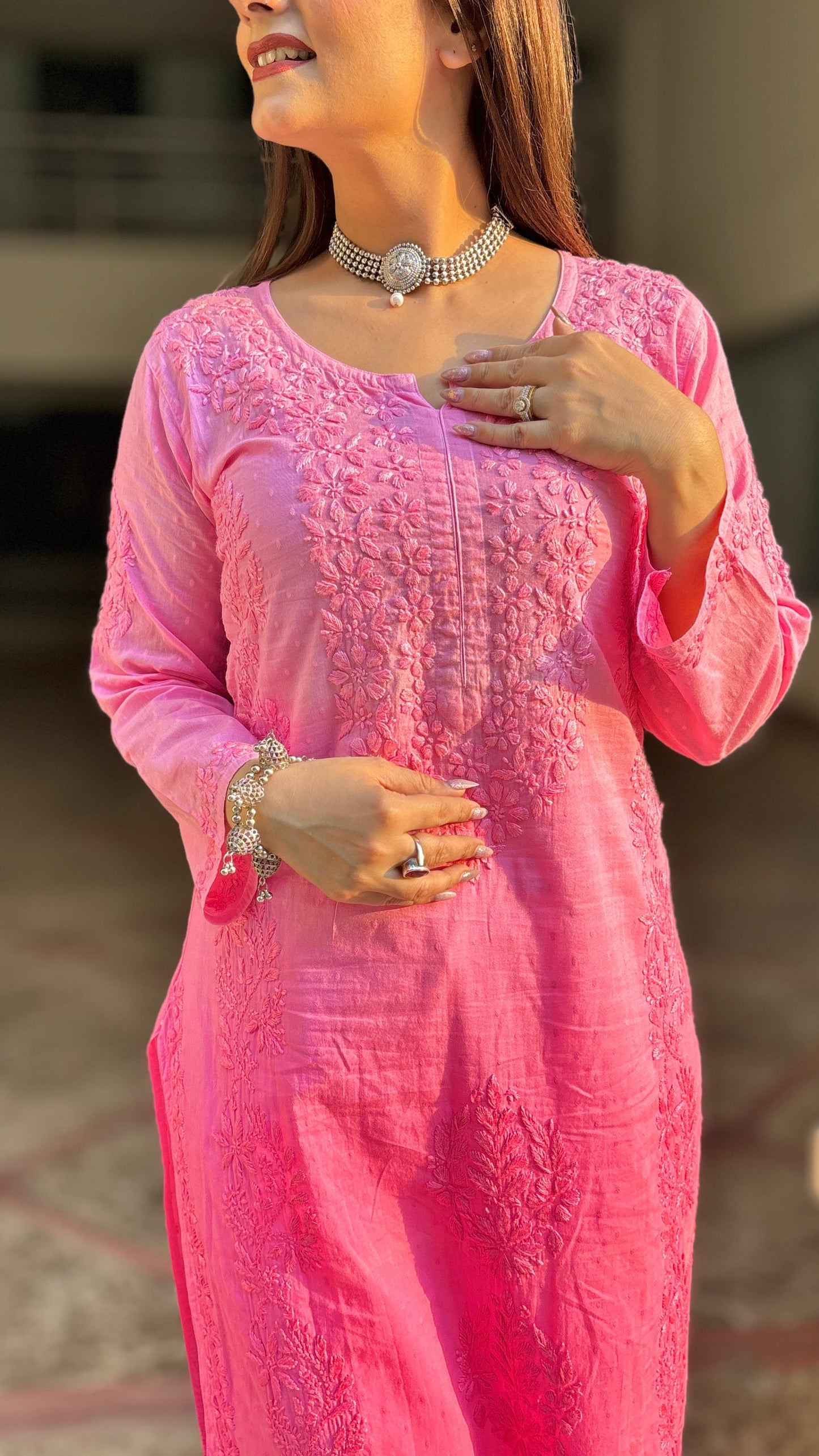 Ombre shaded Dobby cotton chikan kurta set