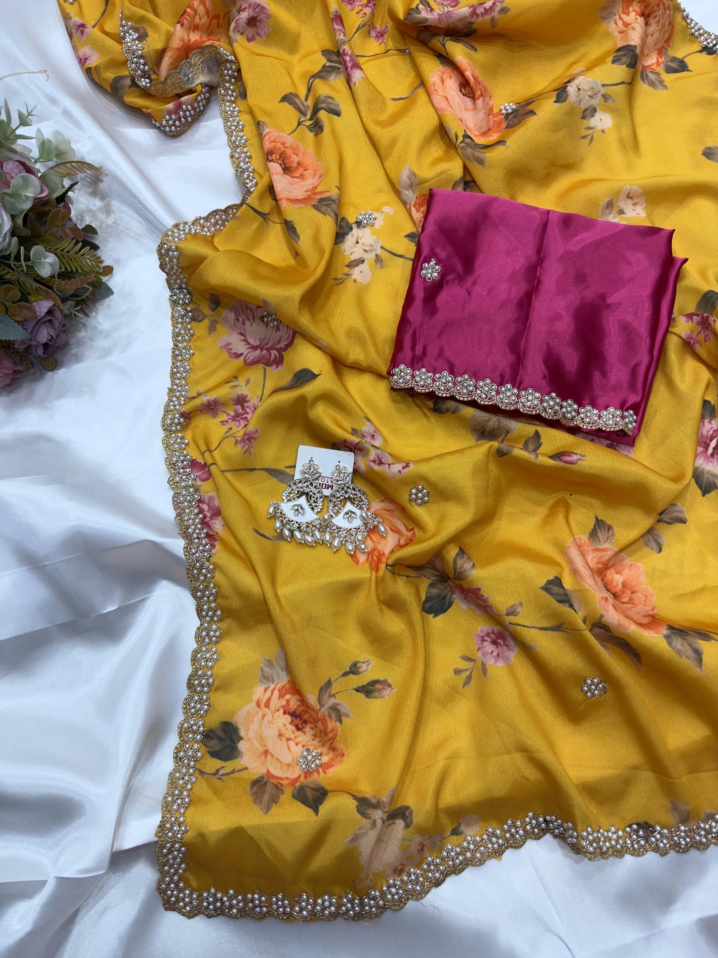 Floral chinon saree with beautiful pearl work border