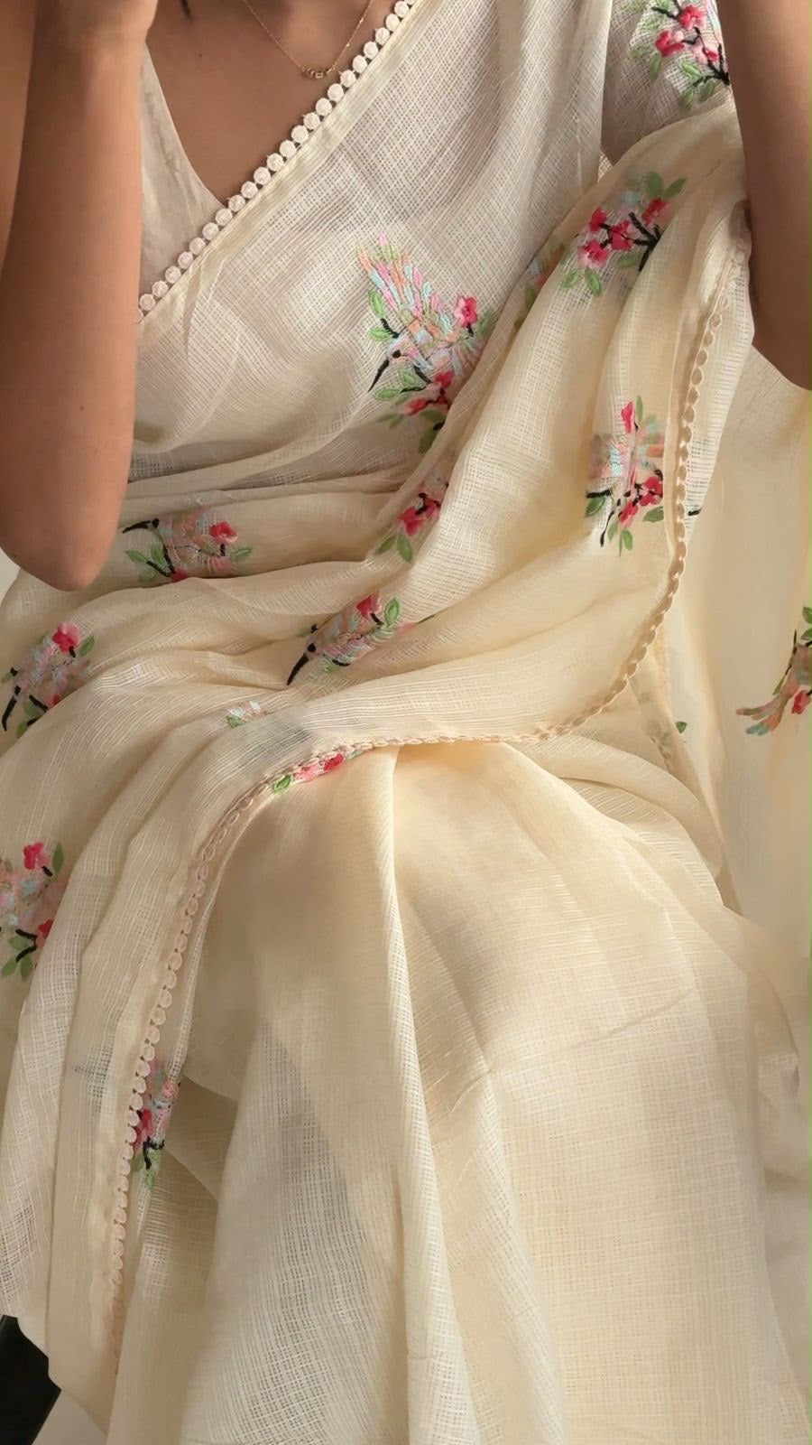 Premium kota doriya saree with multicolor thread embroidery and lace border