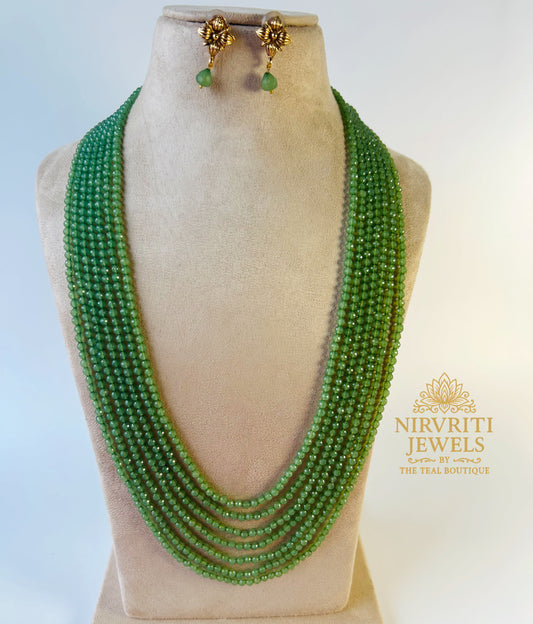 Multilayered green beads long necklace