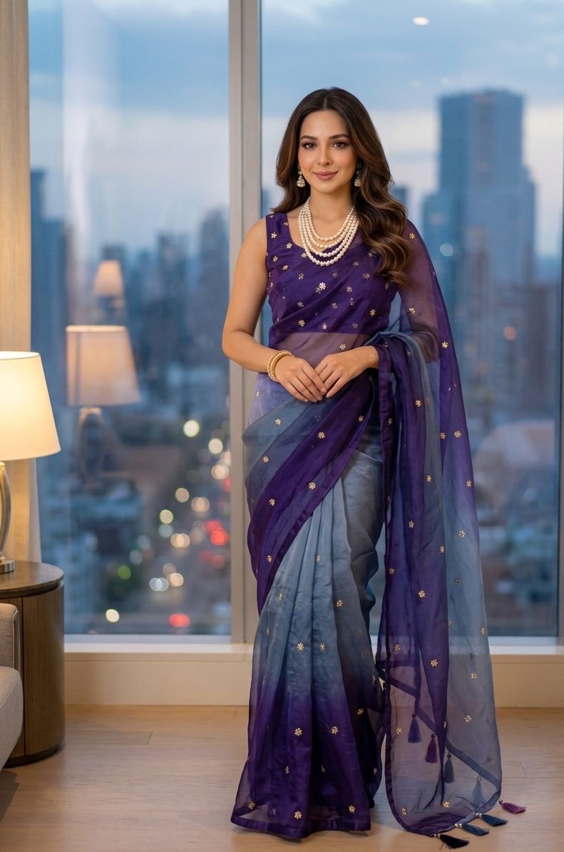 Ombré shaded fendi satin shimmer saree with sequins embroidery