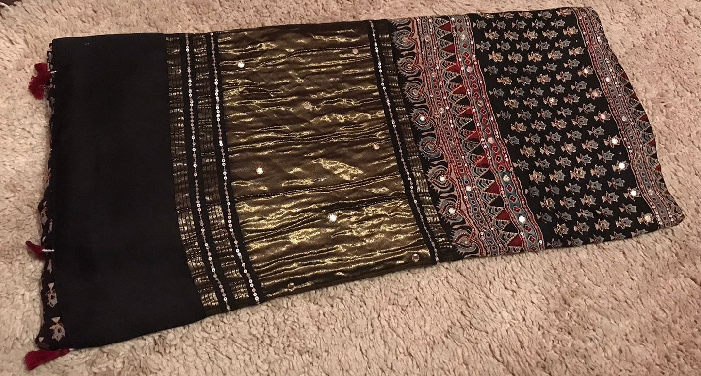Pure Handblock ajrakh print mirror work modal silk saree (Prebooking 35 days)