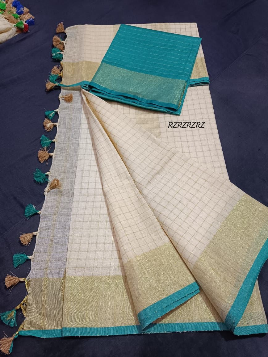 Pure linen checks saree with contrast blouse