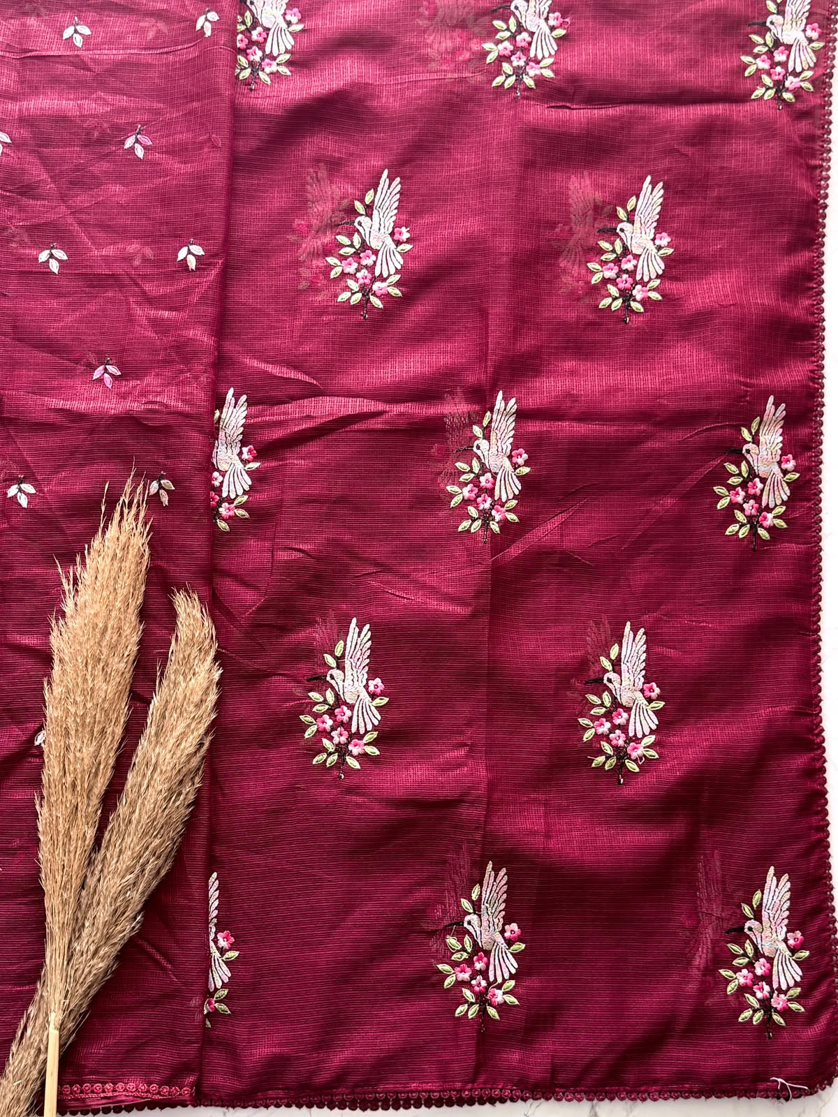 Premium kota doriya saree with multicolor thread embroidery and lace border