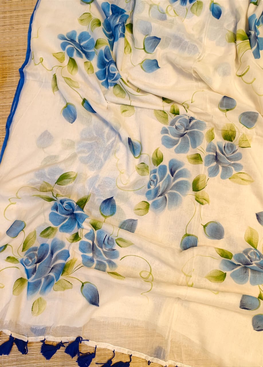Pure mul cotton handpainted saree - Blue Roses