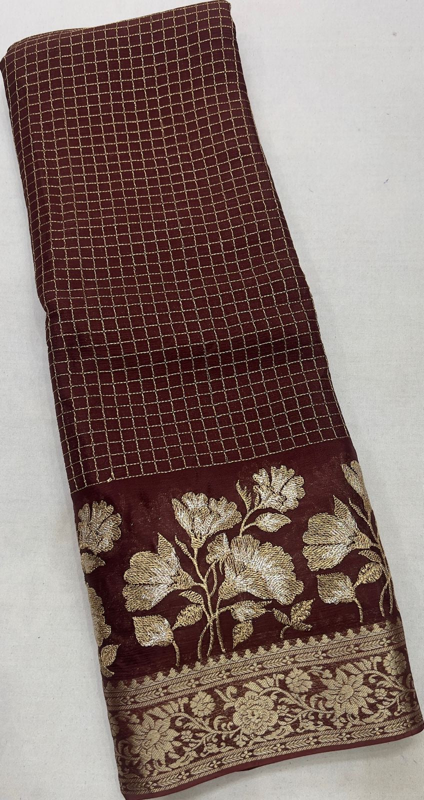 Gorgeous premium viscous chinon silk saree with zari checks and embroidered border