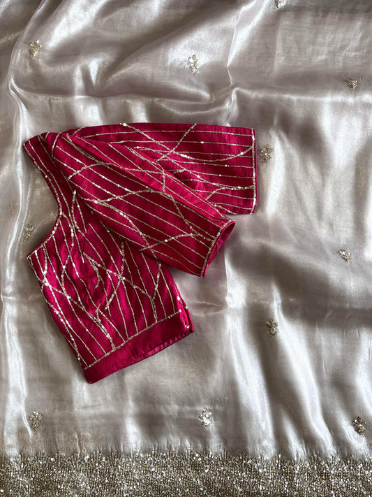 Silver tissue saree with handwork and pink blouse