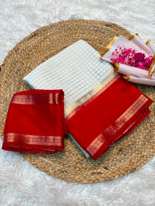 Premium Chinon Checks Saree with Contrast Bentex Zari Border & Matching Blouse
