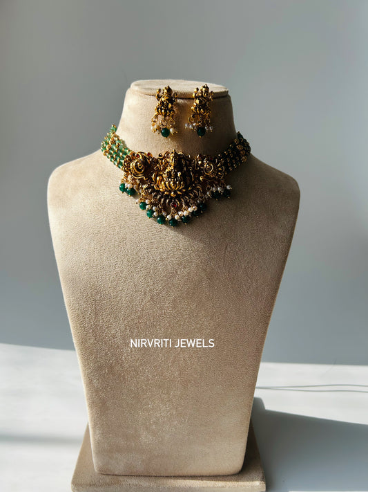 Antique gold choker with goddess motif & emerald accents
