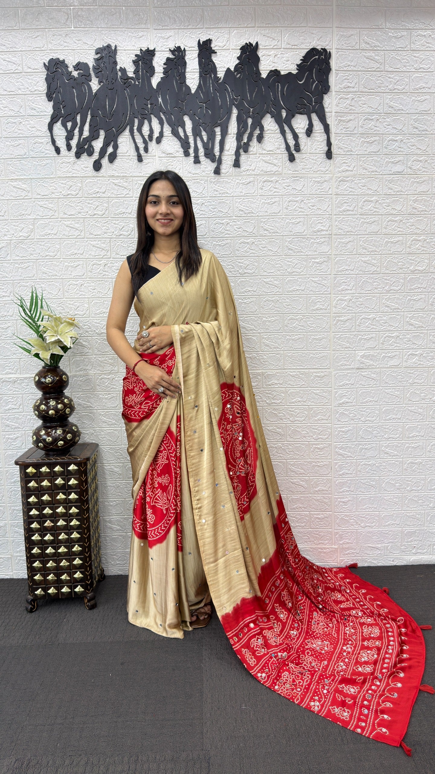 Soft satin crepe silk saree with Beautiful bandhini print and Real mirror work (prebooking)