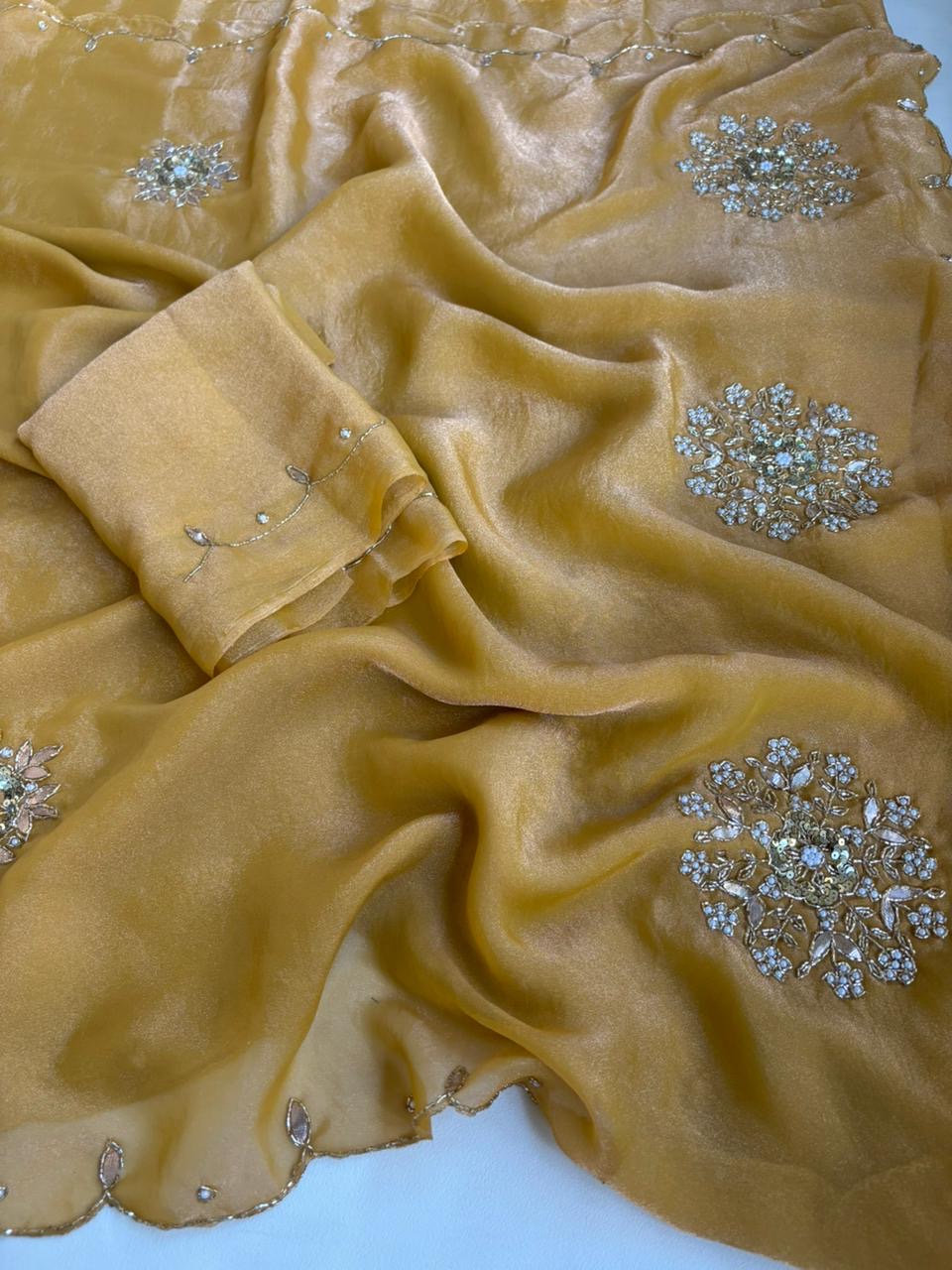 Beautiful soft two tone tissue silk saree with gotta, pearl and sequins work