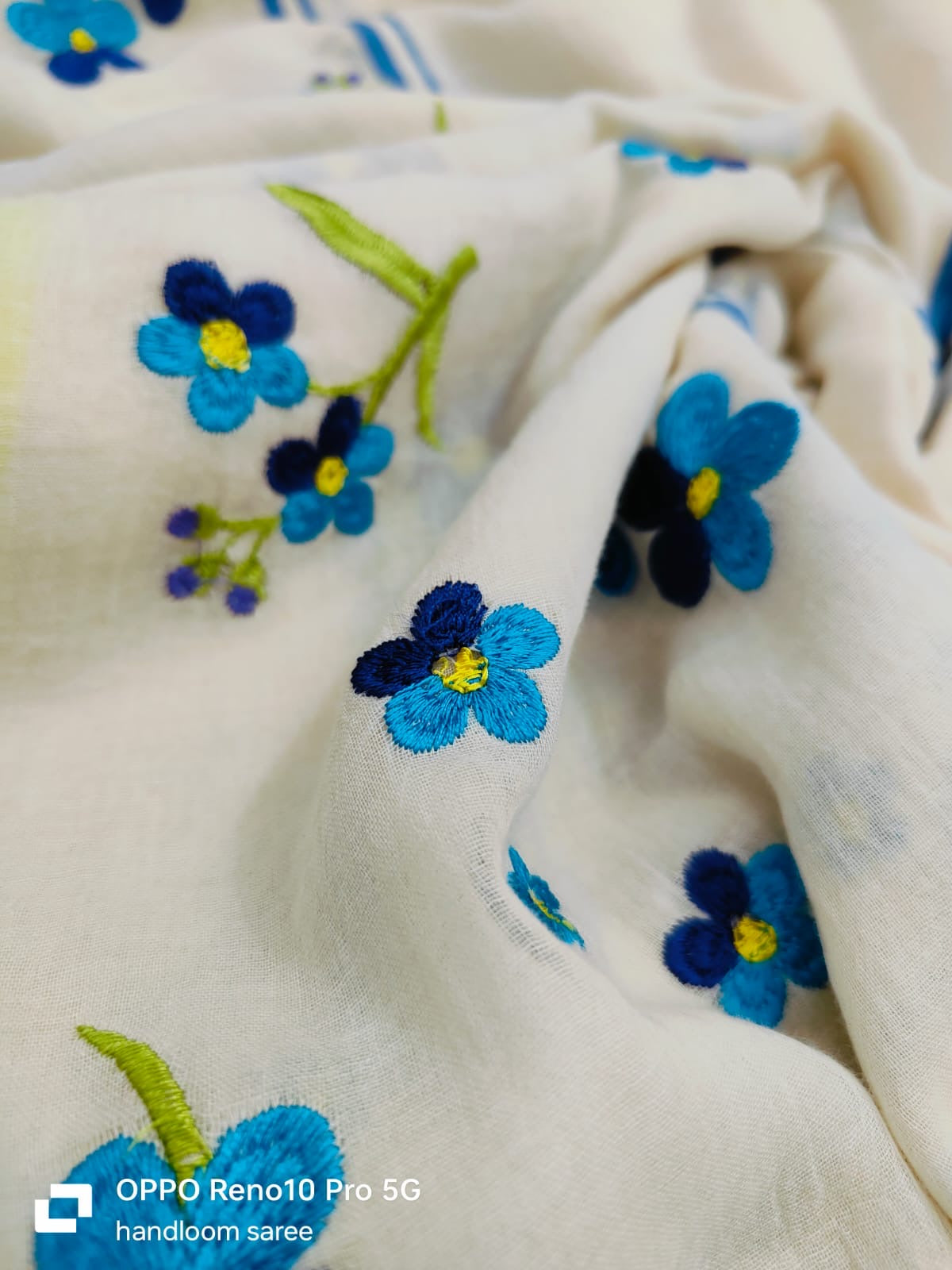 Pure mul cotton saree with blue floral embroidery