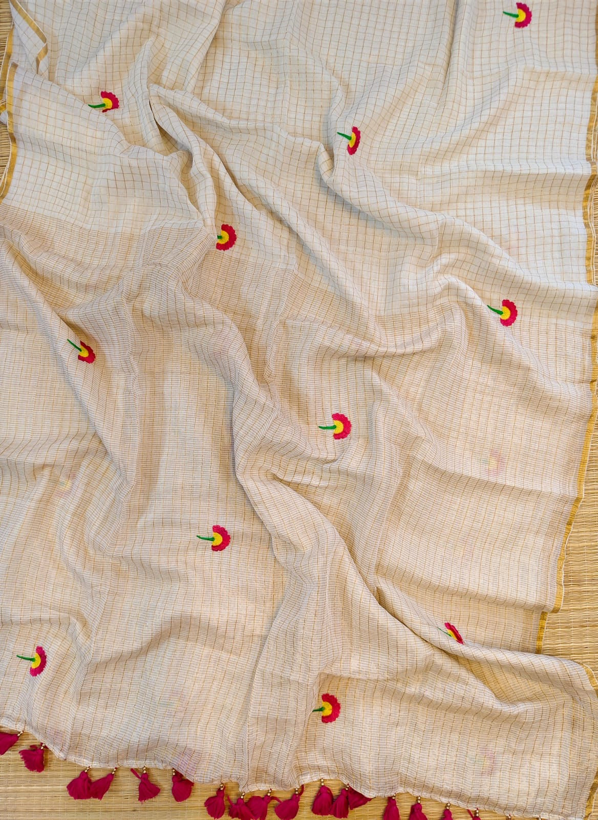 Zari checks cotton saree with embroidery