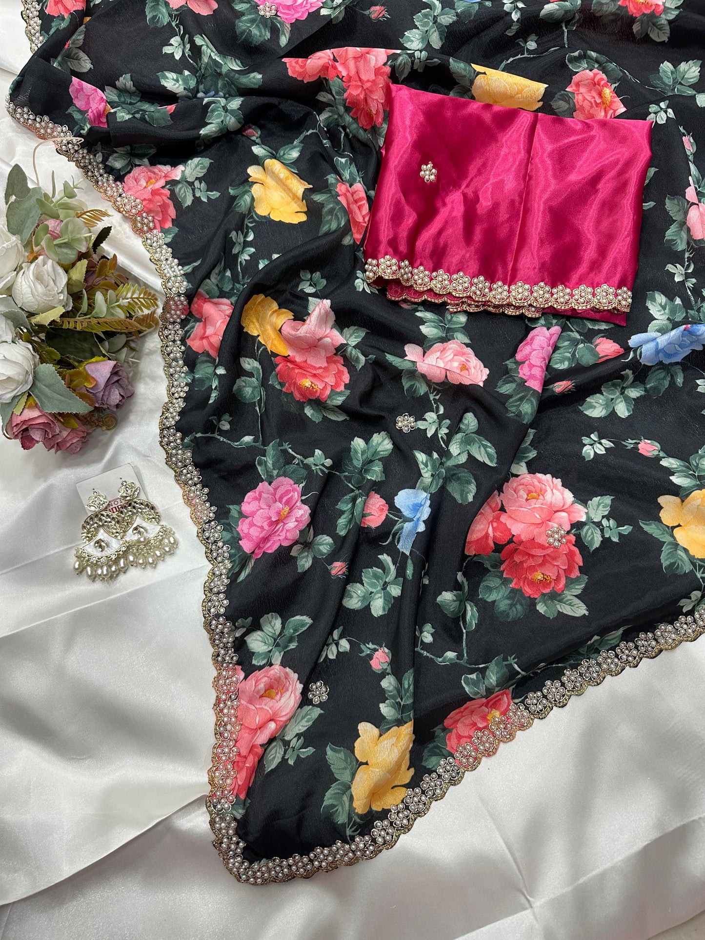 Floral chinon saree with beautiful pearl work border