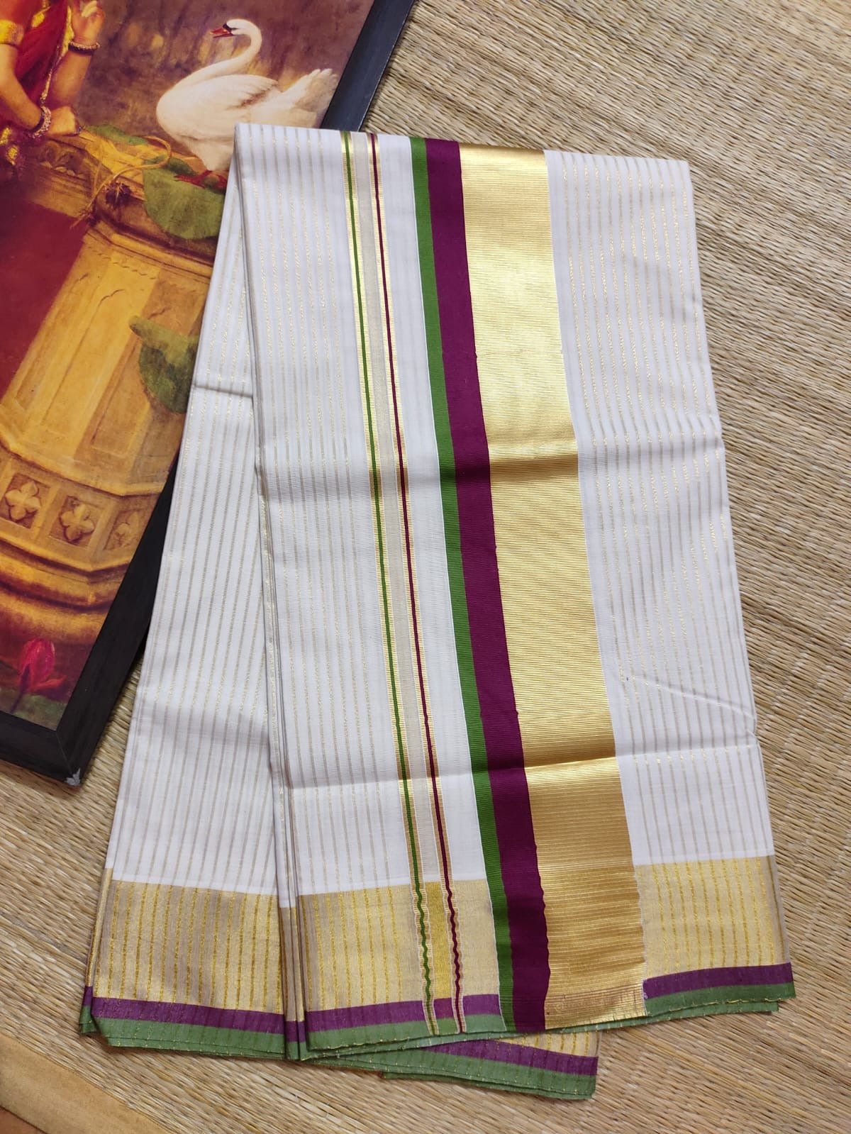 Kerala cotton Zari striped saree